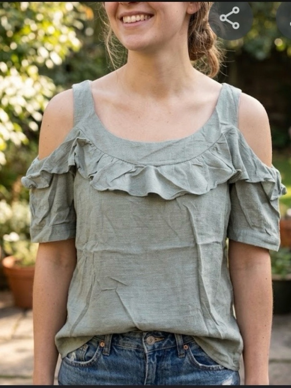 New Tulip B Sage Green Ruffle Cold-Shoulder Blouse shirt